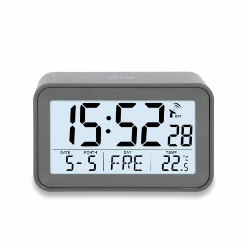 zegar elektroniczny z kalendarzem i termometrem, 10,5 x 6,5 x 4 cm, szary
