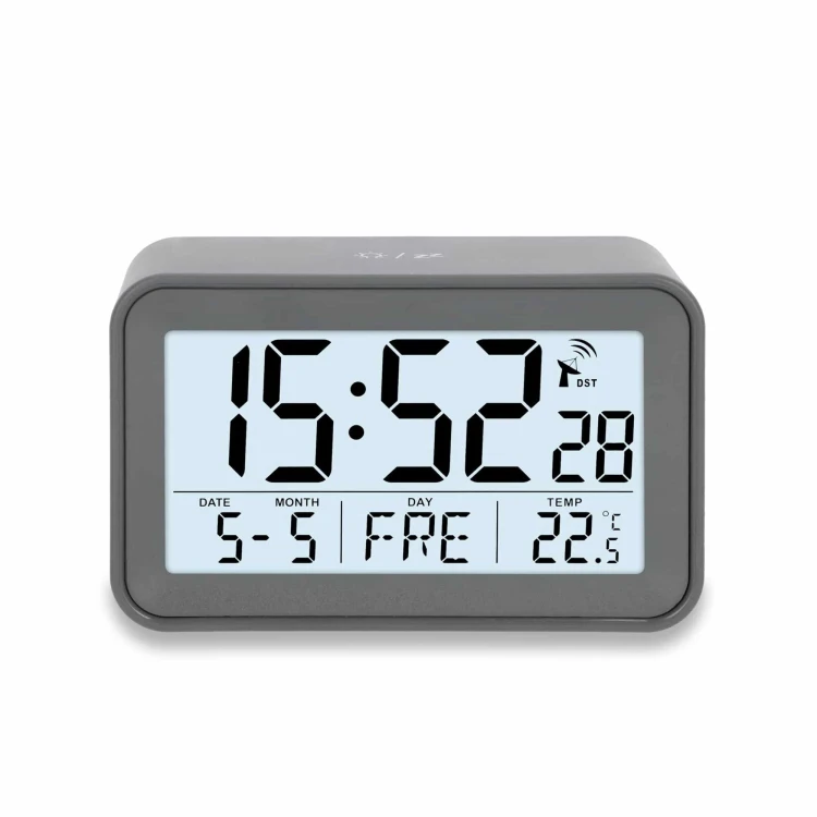 zegar elektroniczny z kalendarzem i termometrem, 10,5 x 6,5 x 4 cm, szary