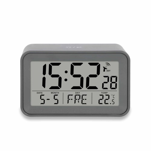 zegar elektroniczny z kalendarzem i termometrem, 10,5 x 6,5 x 4 cm, szary