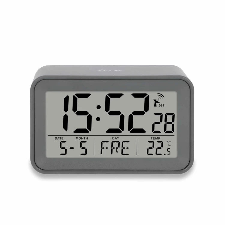 zegar elektroniczny z kalendarzem i termometrem, 10,5 x 6,5 x 4 cm, szary