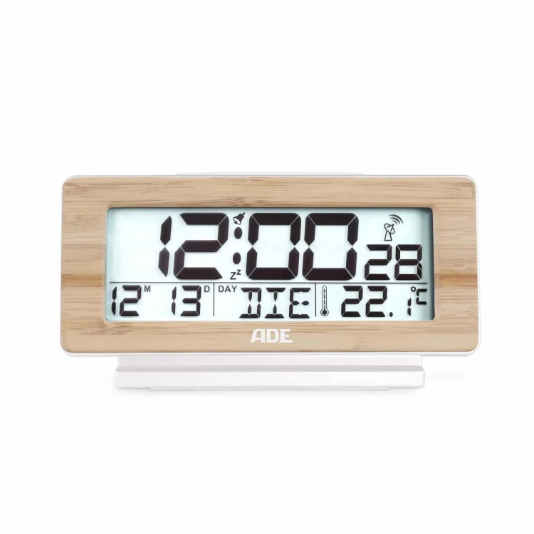 budzik elektroniczny z kalendarzem i termometrem, 12,5 x 4 x 8,5 cm, bambusowa rama